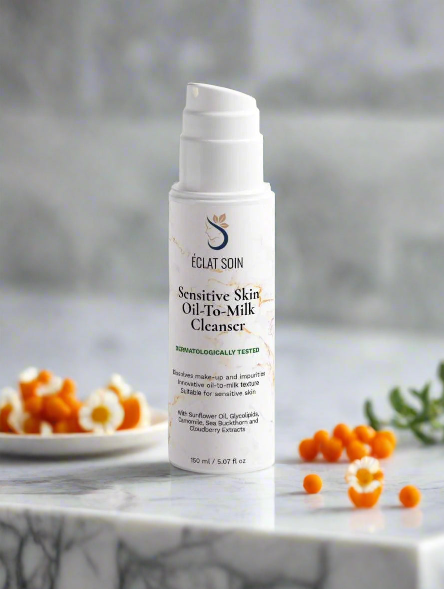 Eclat Soin Sensitive Skin Oil-To-Milk Cleanser in a sleek bottle for gentle cleansing of sensitive skin